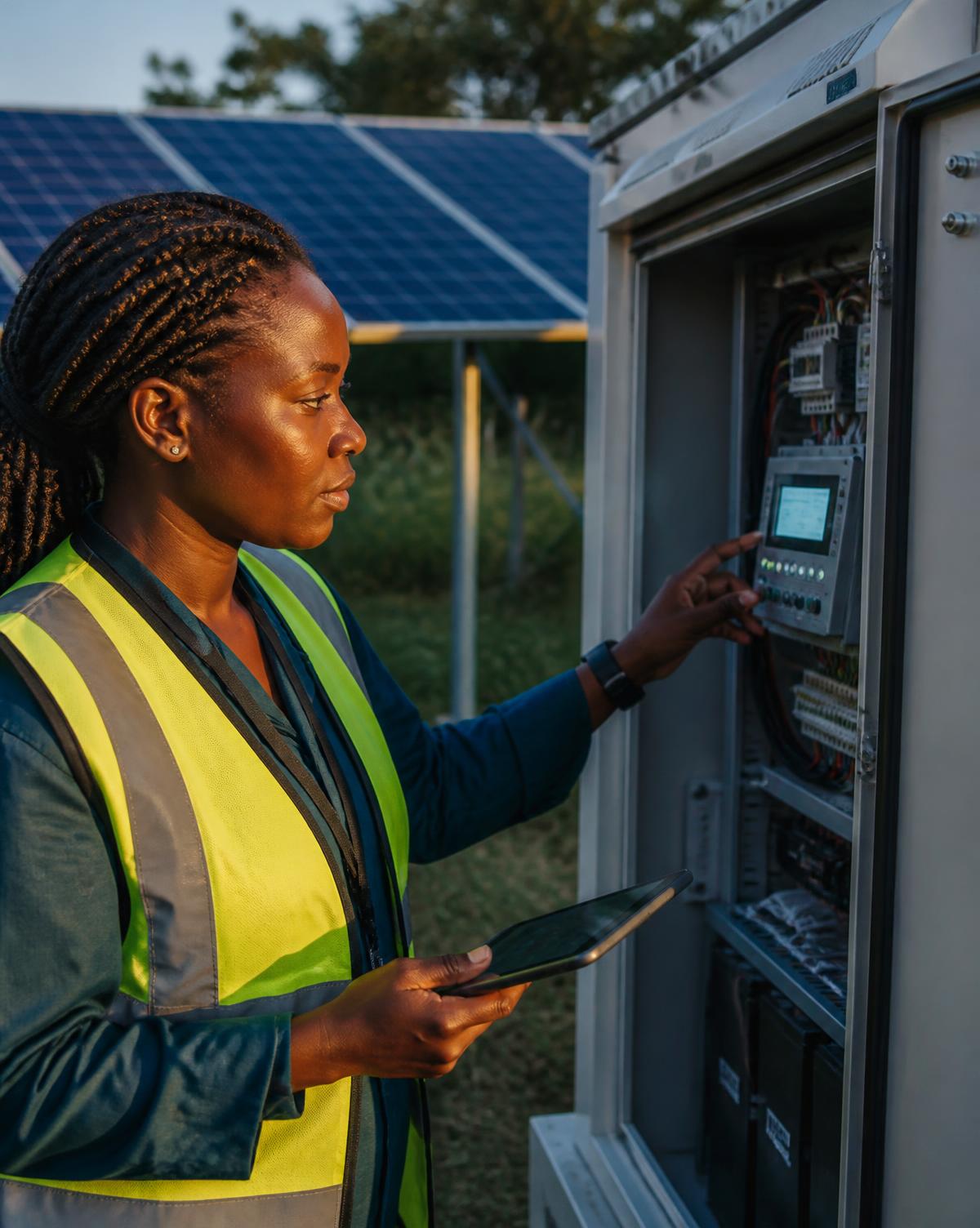 An engineer inspecting a solar mini-grid control cabinet at a rural installation